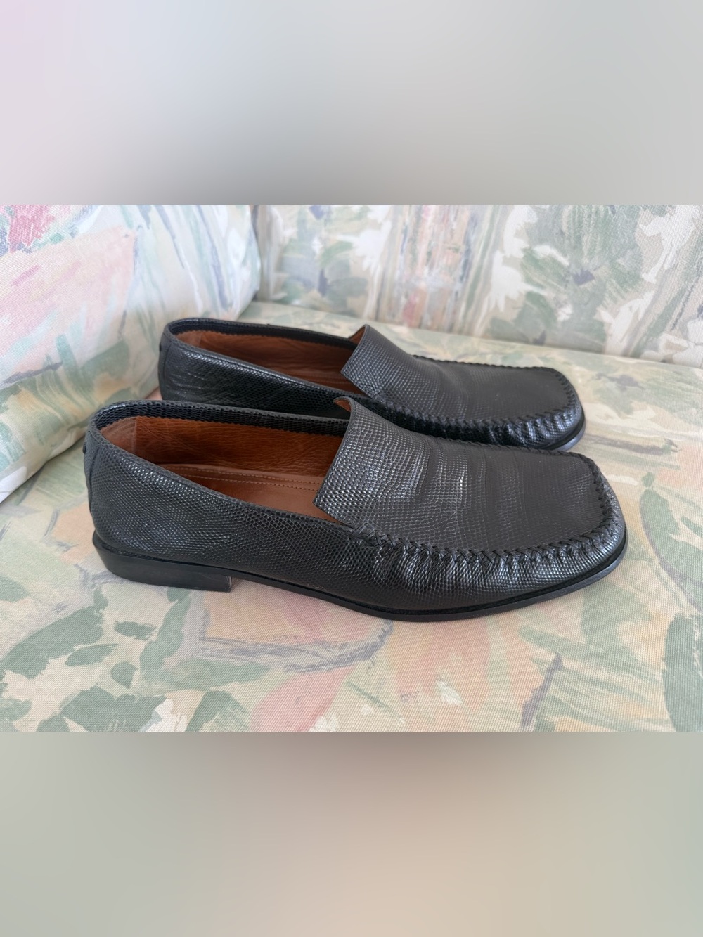 Vintage Antonio Bossi Italy Men's Black Lizard Embossed Leather Loafers Size 10м
